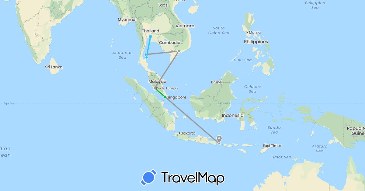 TravelMap itinerary: bus, plane, boat in Indonesia, Malaysia, Singapore, Thailand, Vietnam (Asia)